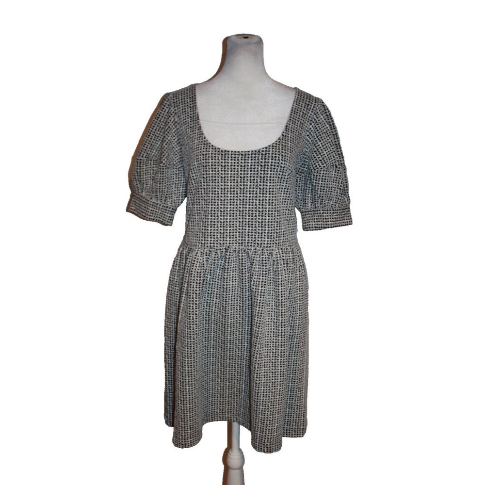 LOFT Black & White Puff Sleeve V-Neck Dress Size Small S Round Neck Knee Length